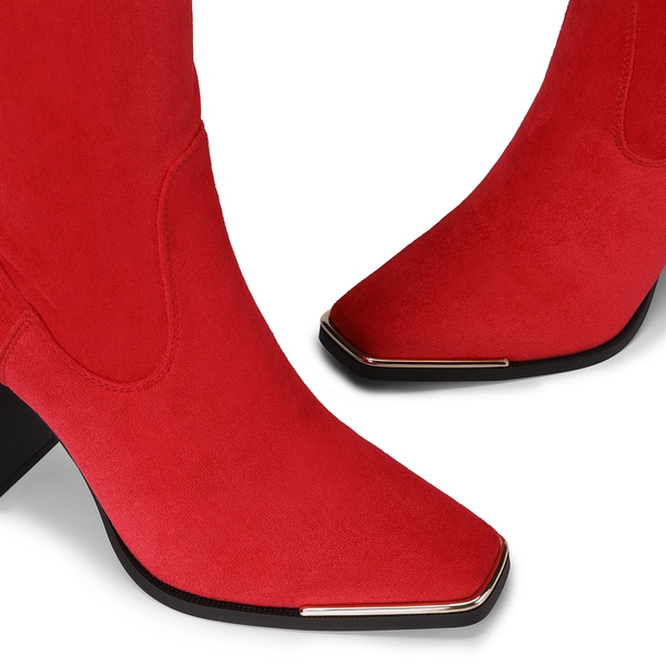 Square Toe High Heel Over The Knee Boots - RED SUEDE - 4